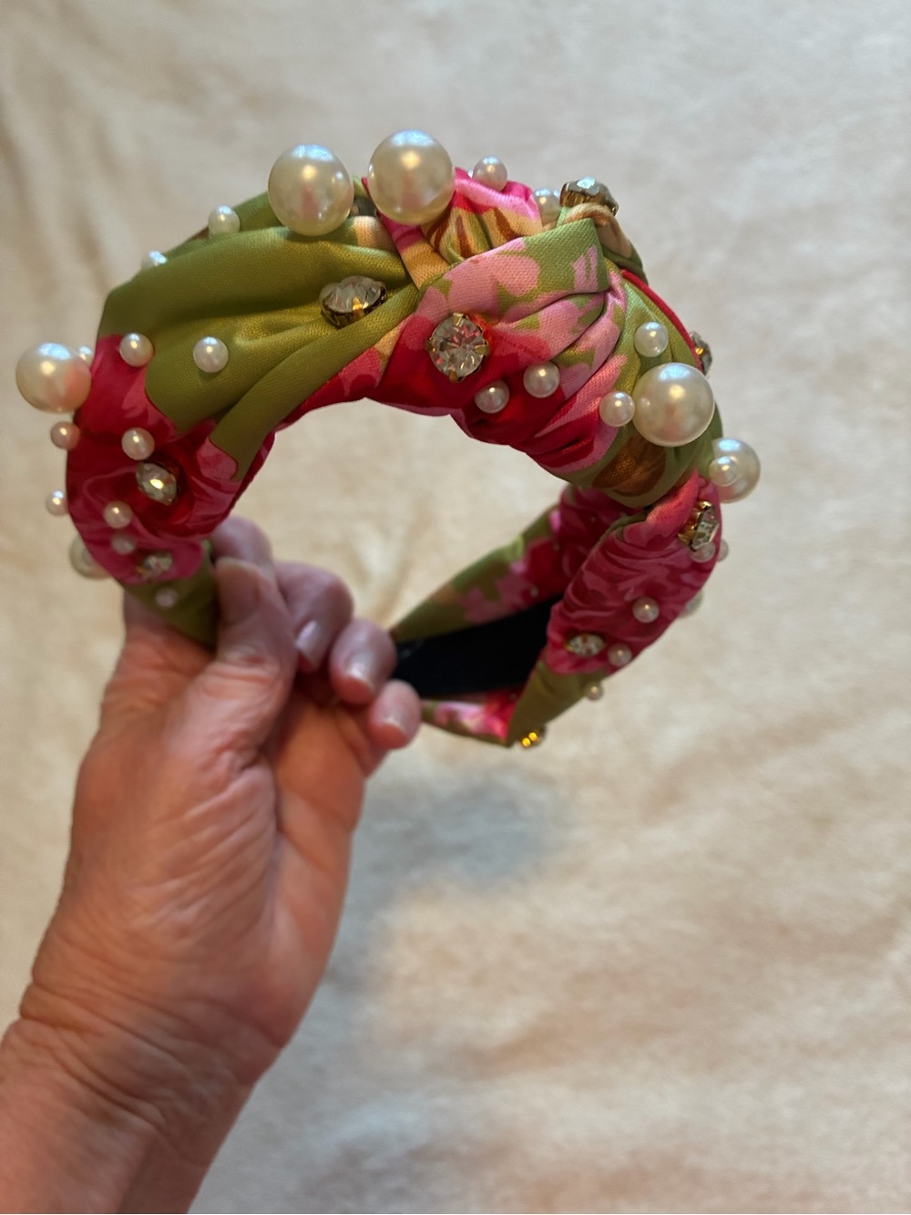 Embellished Floral Pearl Headband - Pink & Green NWOT